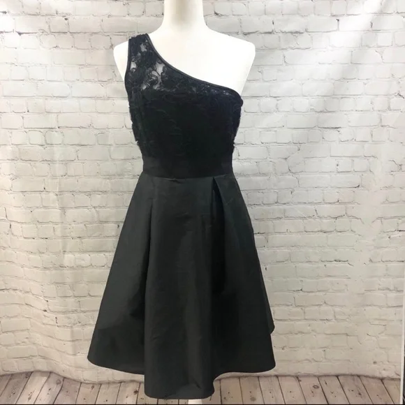 Monique Lhuillier One Shoulder Fit & Flare Cocktail Dress Black Size 10 - Picture 3 of 14